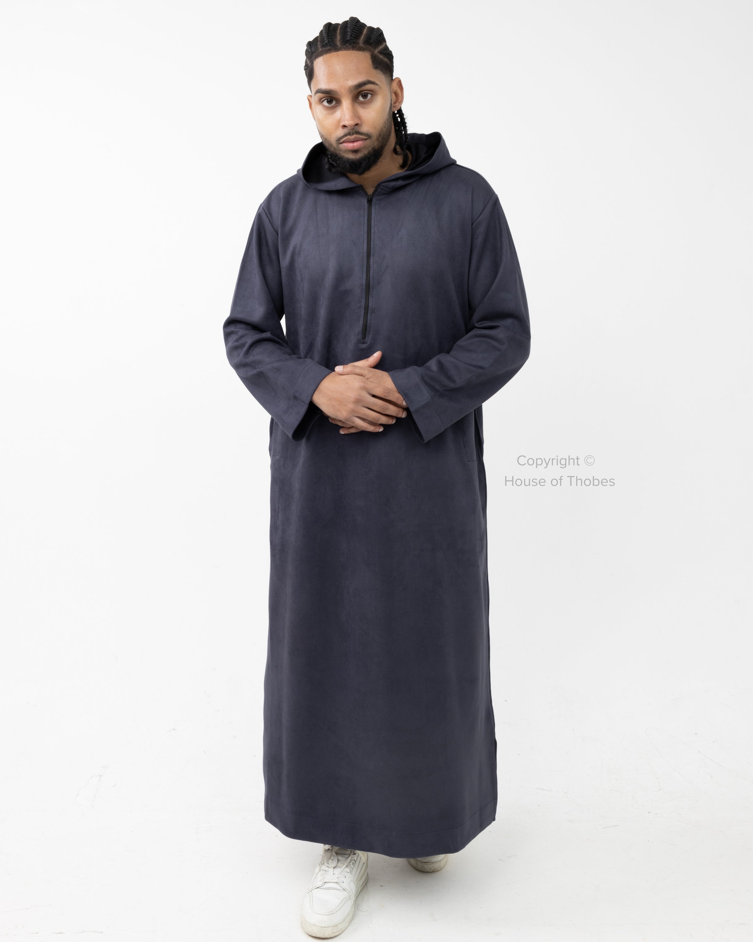 Normal Thobe Luxury Navy Suede Hooded Thobe #MSH4 – House of Thobes
