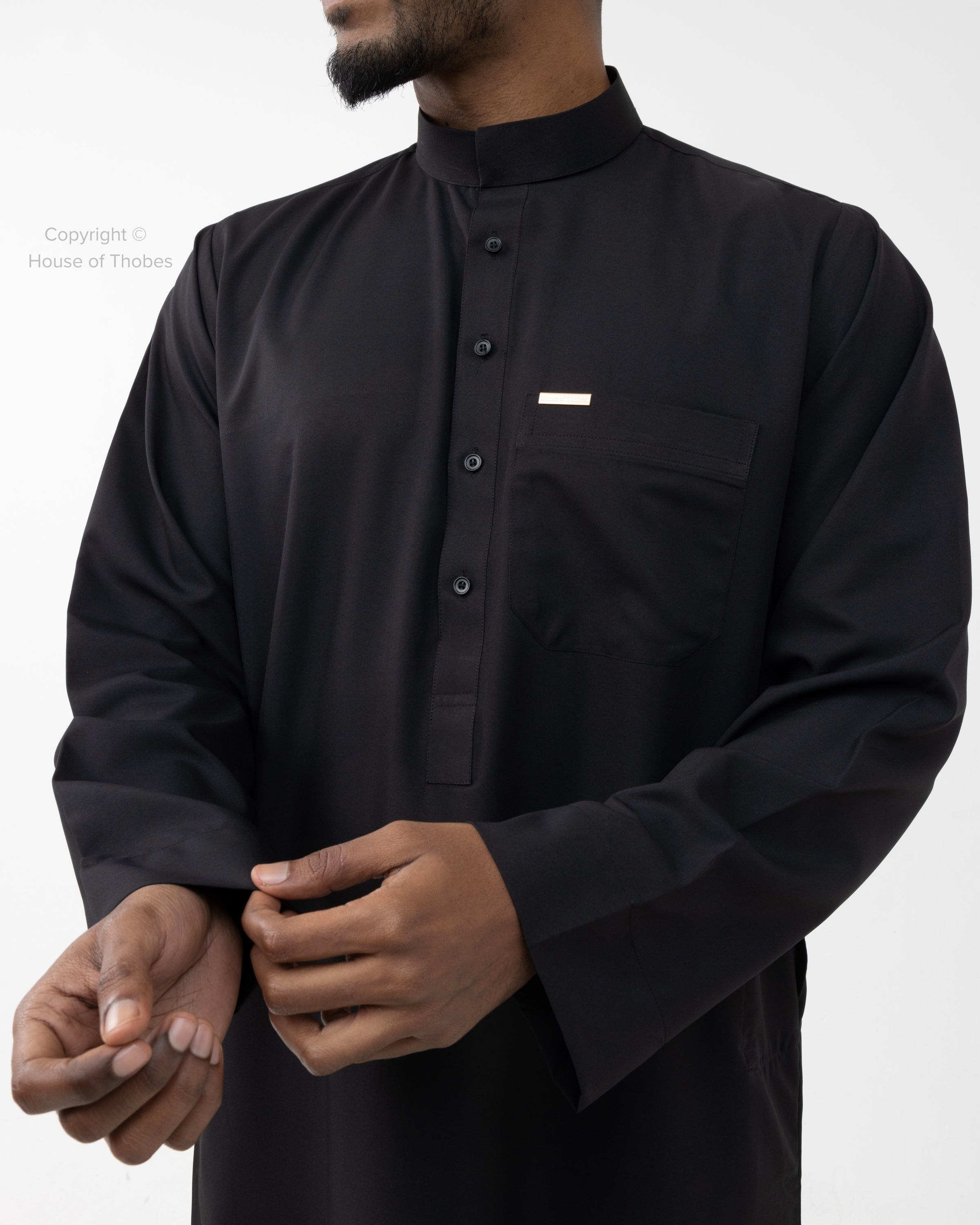 Collared Thobe Premium Black Saudi Collar Thobe #MSC2 – House of Thobes