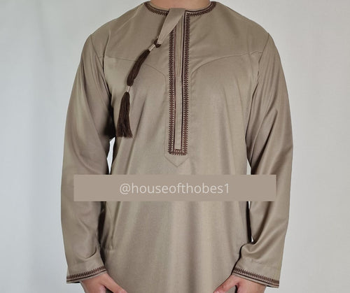 Luxury Dark Beige Embroidered Omani Thobe