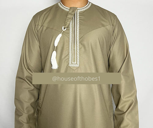 Luxury Olive Green Embroidered Omani Thobe