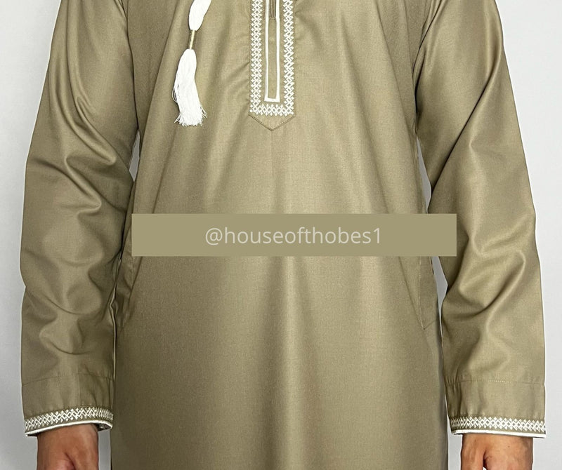 Luxury Olive Green Embroidered Omani Thobe