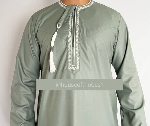 Luxury Sage Green Embroidered Omani Thobe