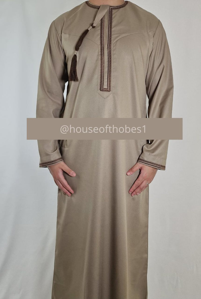 Luxury Dark Beige Embroidered Omani Thobe