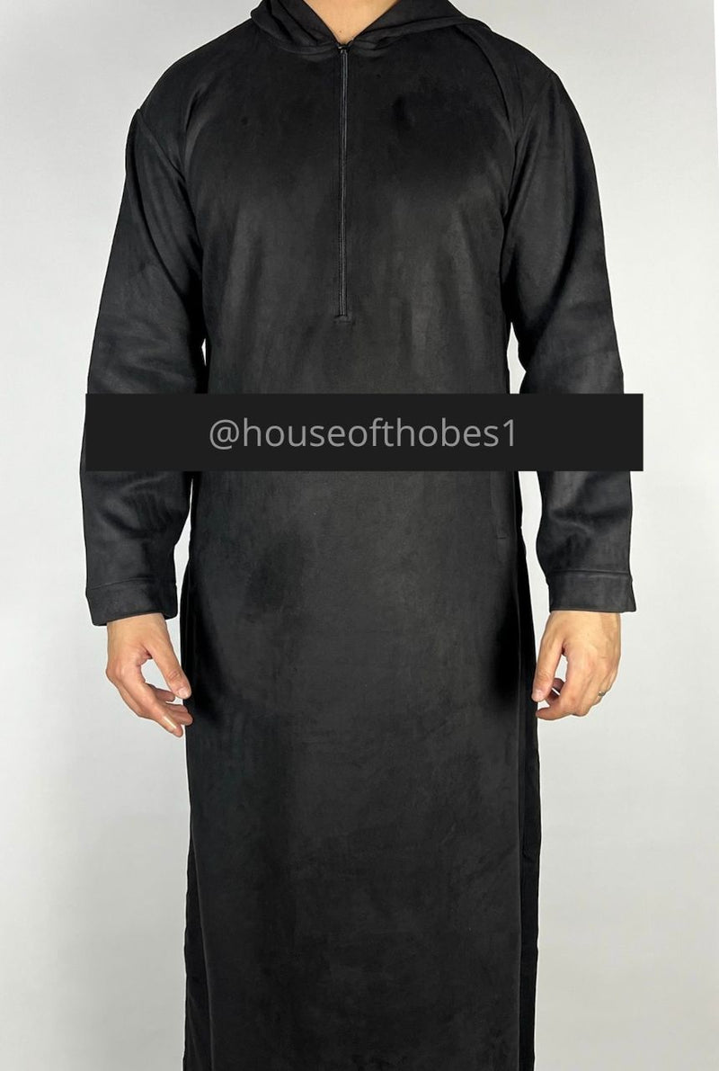 Luxury Black Suede Hooded Thobe