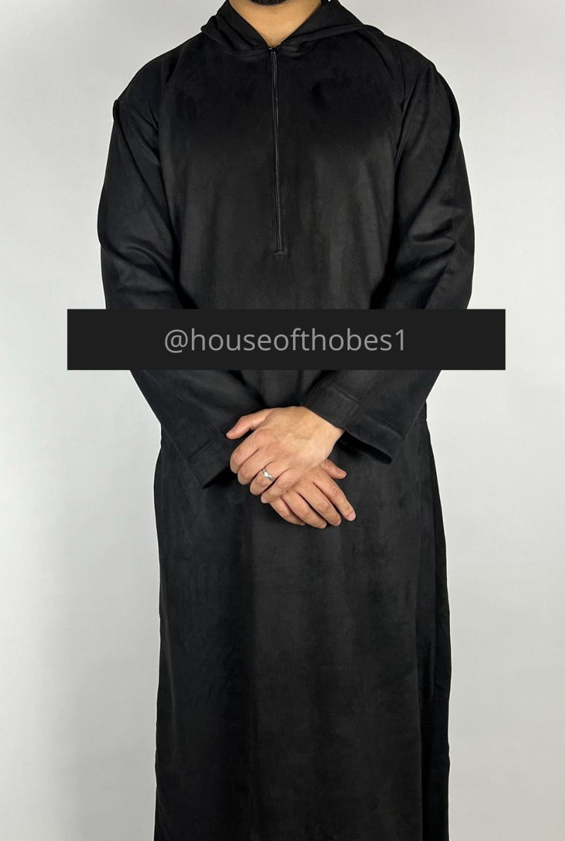 Luxury Black Suede Hooded Thobe