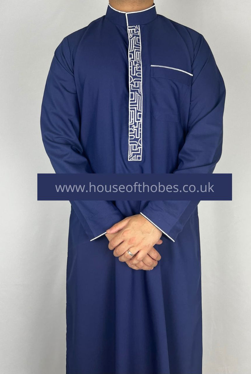 Collared Thobe Navy Embroidered Collar Thobe – House of Thobes