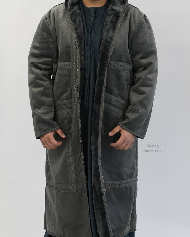 Luxury Grey Suede Farwa Bisht | Winter Thobe Overcoat #MFB4 – House of ...